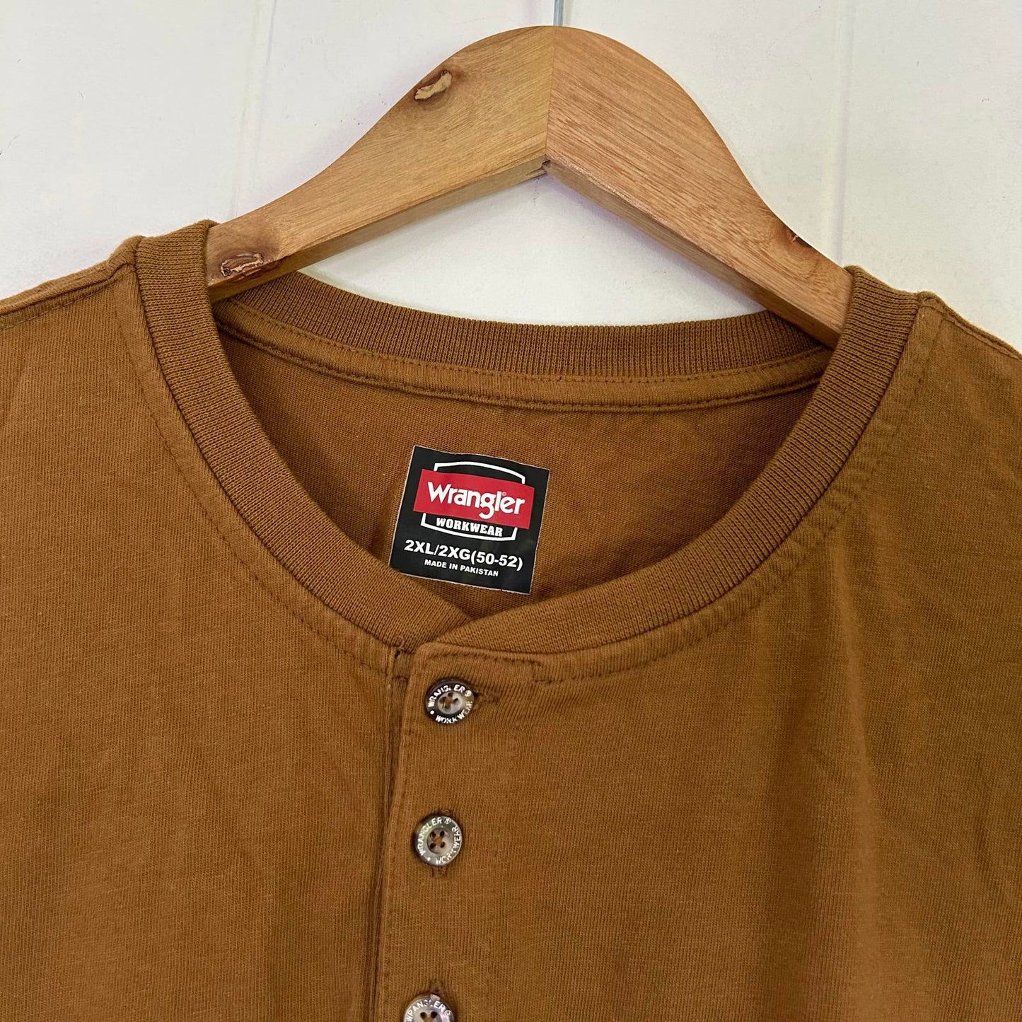 Wrangler Brown Qtr Button Short Sleeve T-shirt Work Workwear T-shirt - Men's 2XL