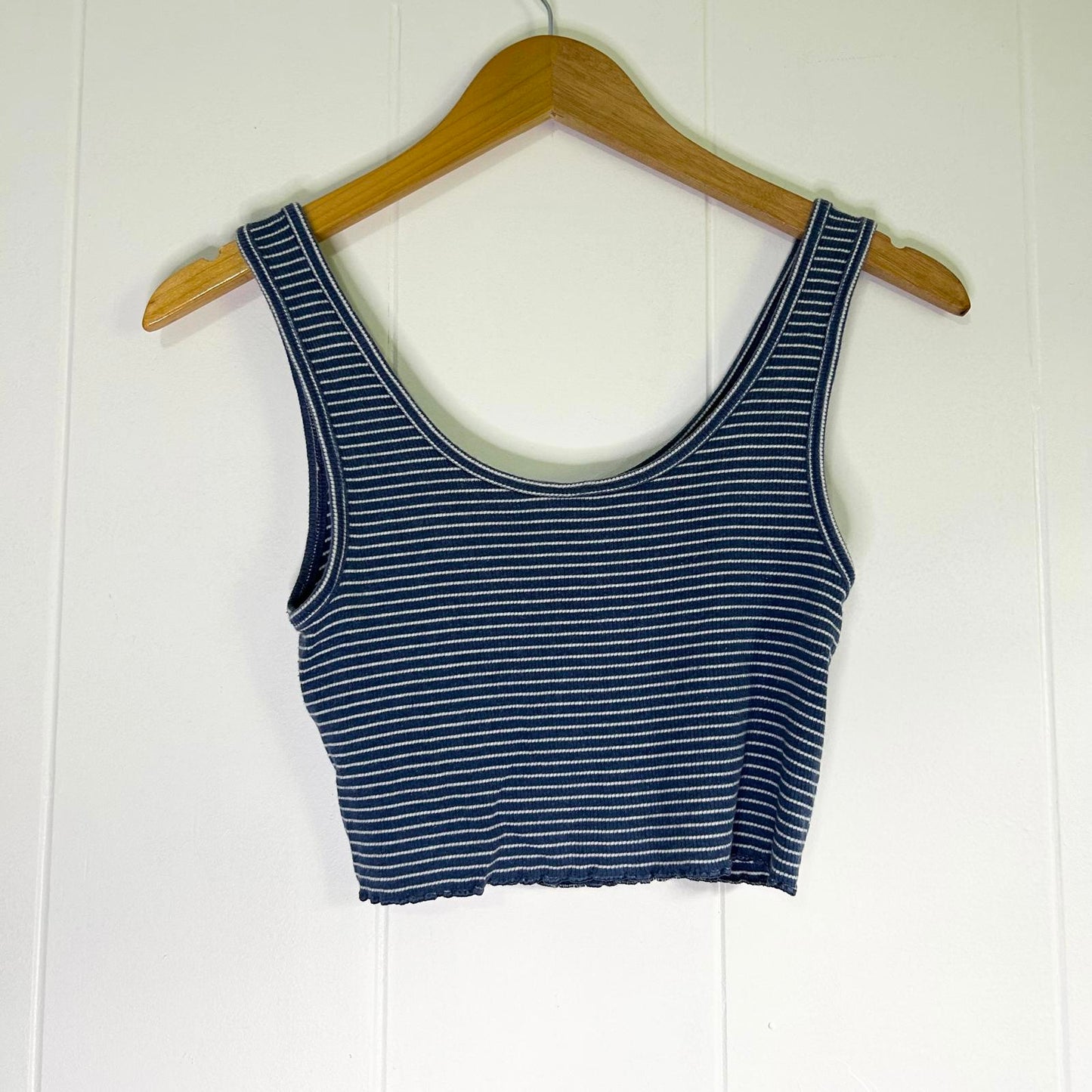 American Eagle Outfitters Blue Striped Lettuce Hem Tank Crop Top Women's Small