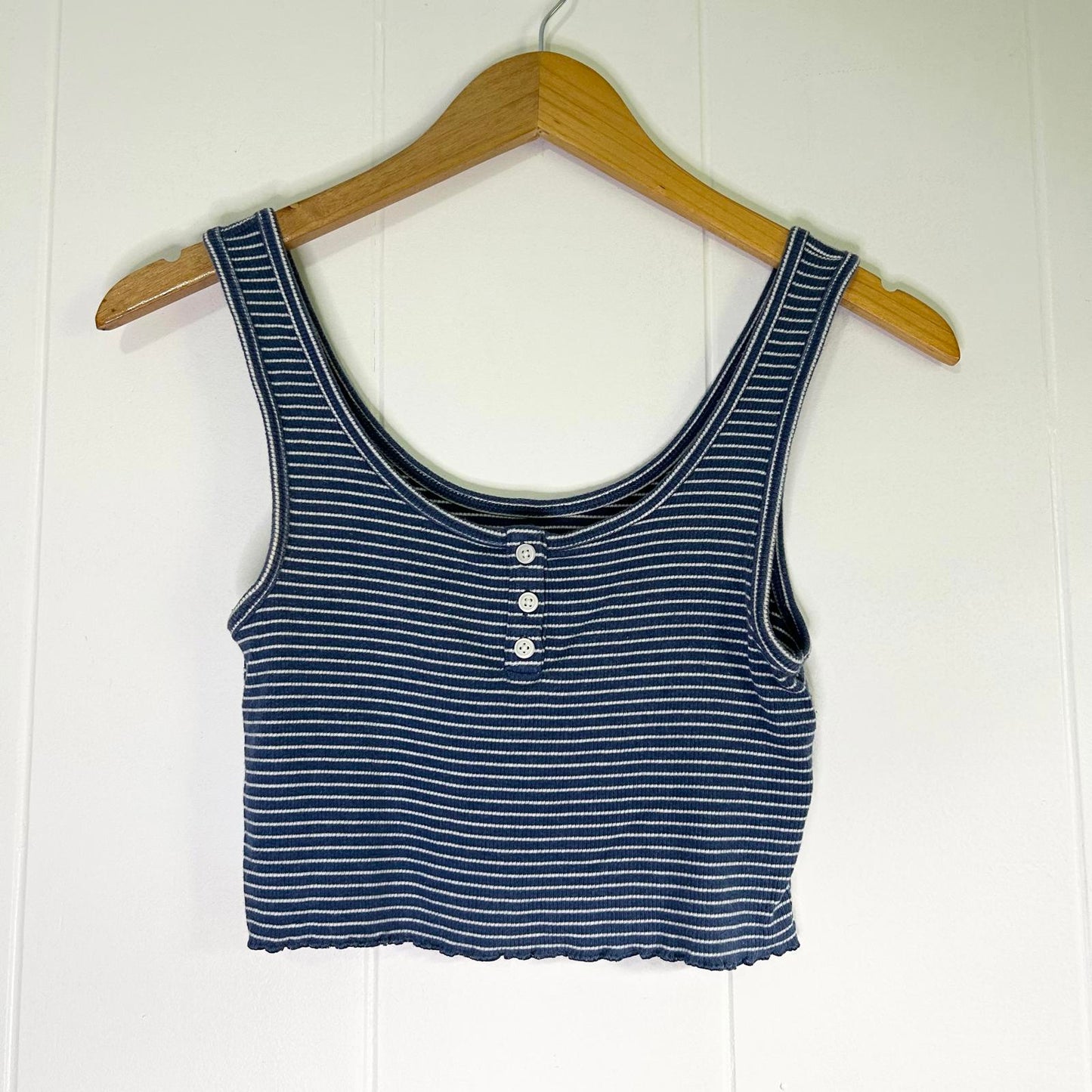 American Eagle Outfitters Blue Striped Lettuce Hem Tank Crop Top Women's Small