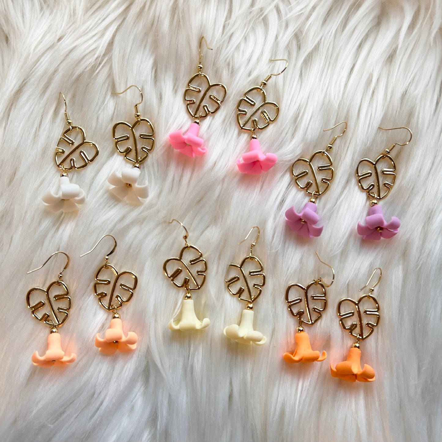 Puakenikeni Clay Gold Plated Monstera Dangle Earrings