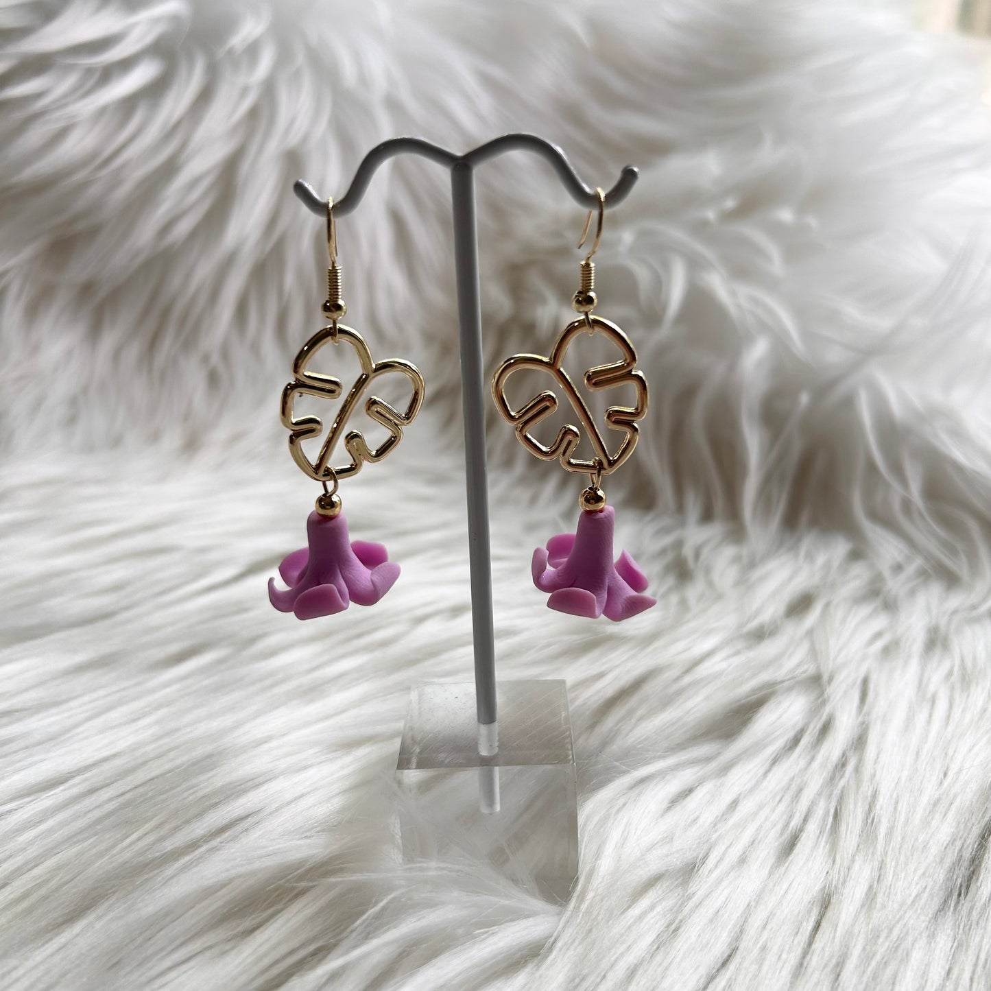 Puakenikeni Clay Gold Plated Monstera Dangle Earrings