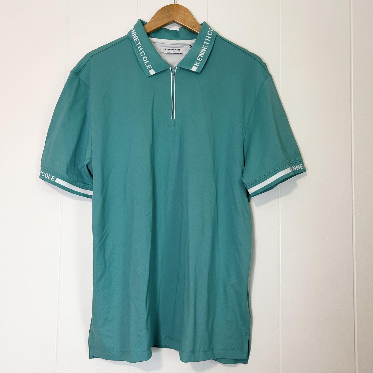 Kenneth Cole Aqua Teal Short Sleeve Collared Shirt Qtr Zip Up Polo Shirt Mens XL
