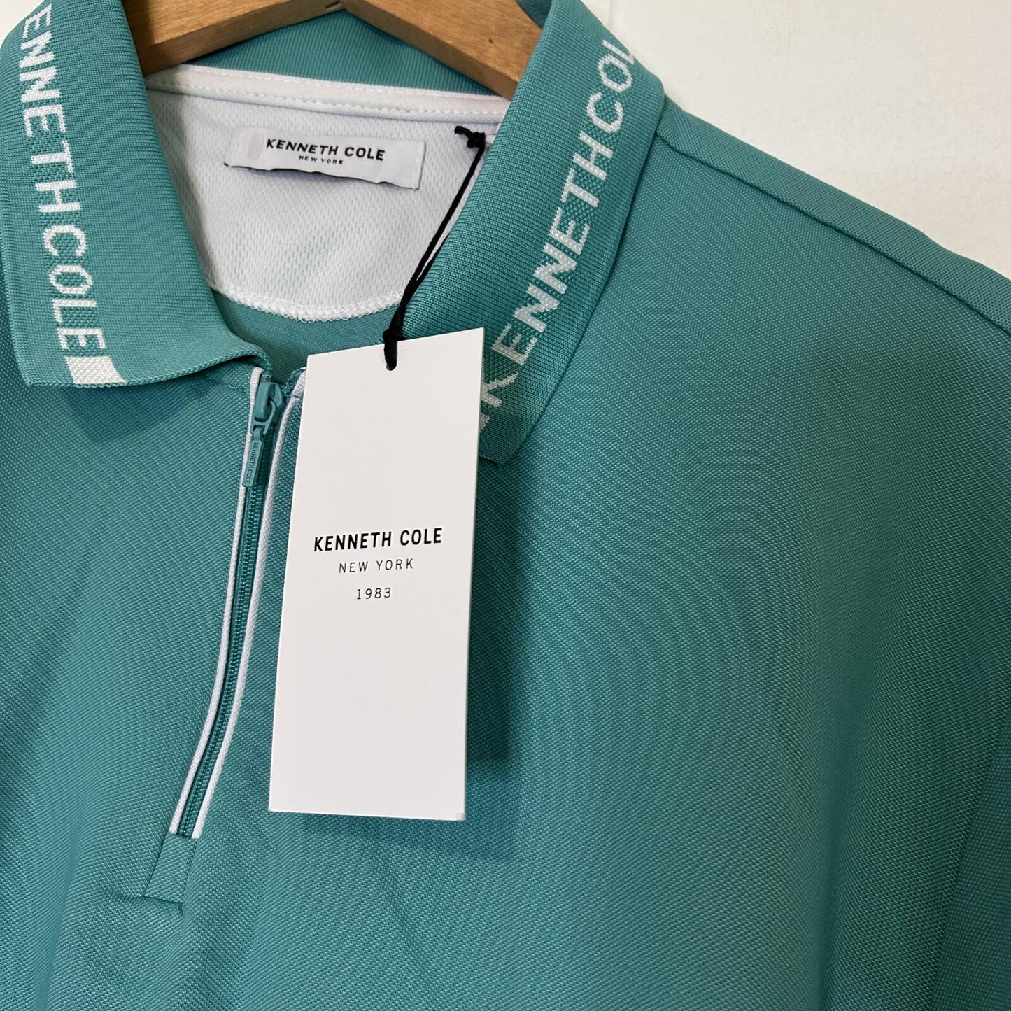 Kenneth Cole Aqua Teal Short Sleeve Collared Shirt Qtr Zip Up Polo Shirt Mens XL