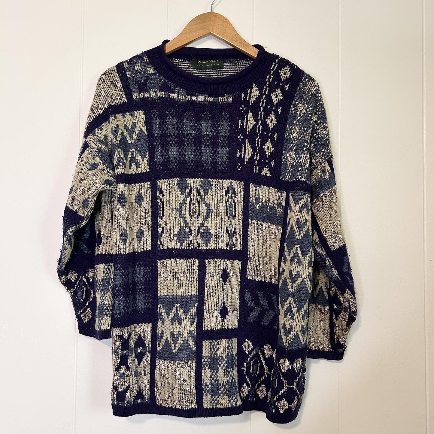 Vintage Dana Scott Blue Pattern Pullover Chunky Knit Sweater - Women's Large