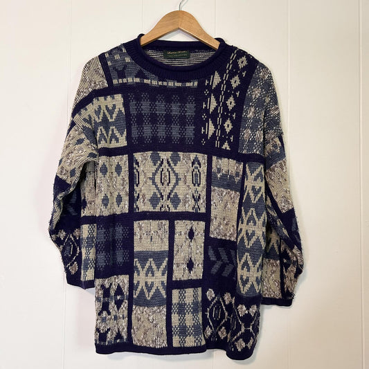 Vintage Dana Scott Blue Pattern Pullover Chunky Knit Sweater - Women's Large