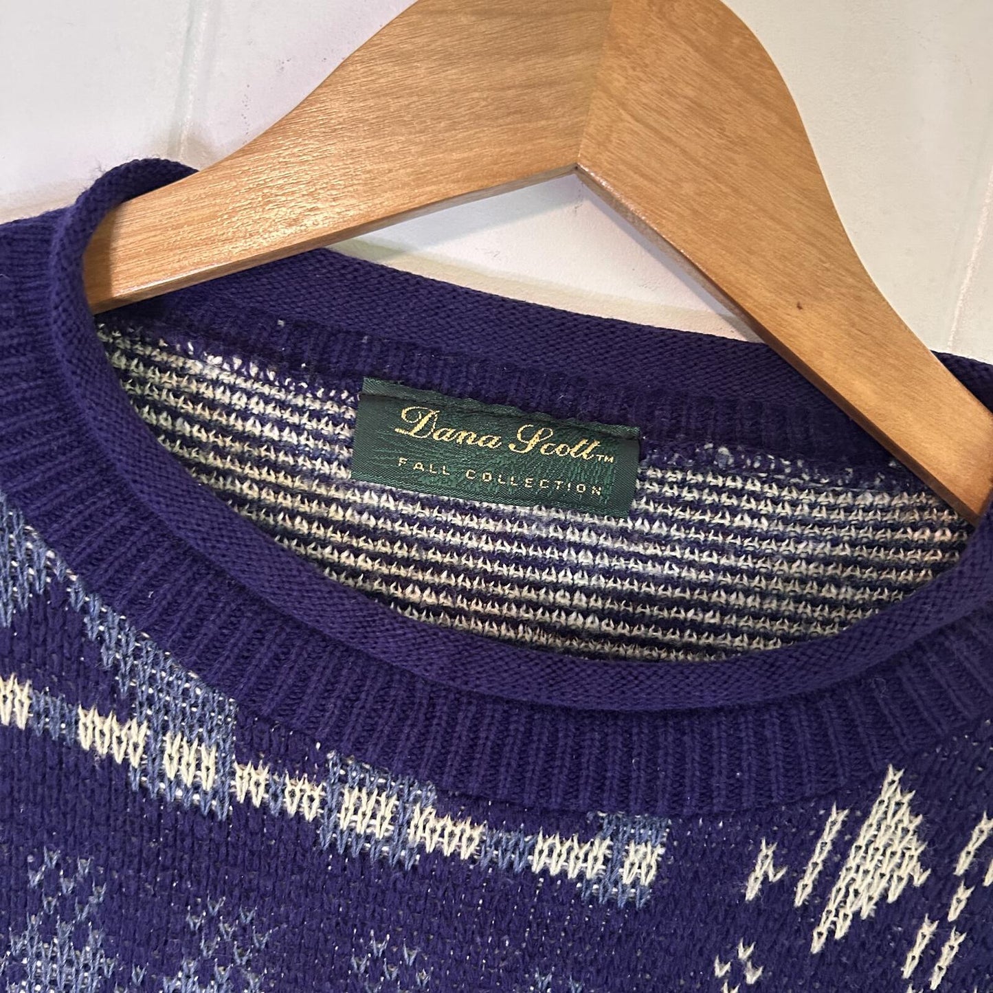 Vintage Dana Scott Blue Pattern Pullover Chunky Knit Sweater - Women's Large