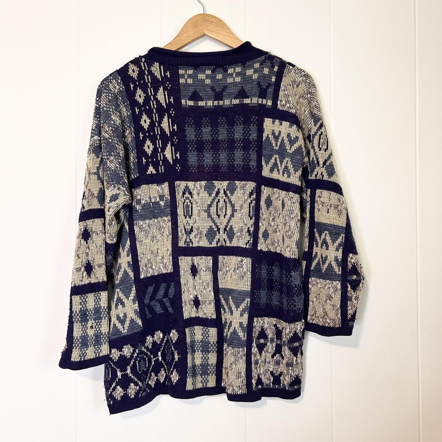 Vintage Dana Scott Blue Pattern Pullover Chunky Knit Sweater - Women's Large