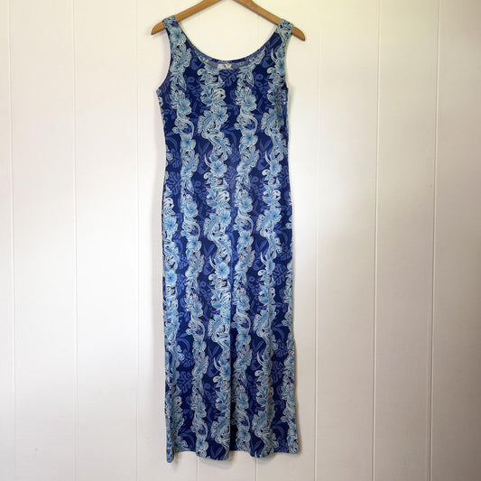 Vintage Unbranded Hawaiian Print Blue Floral Lei Long Dress - Women's Large