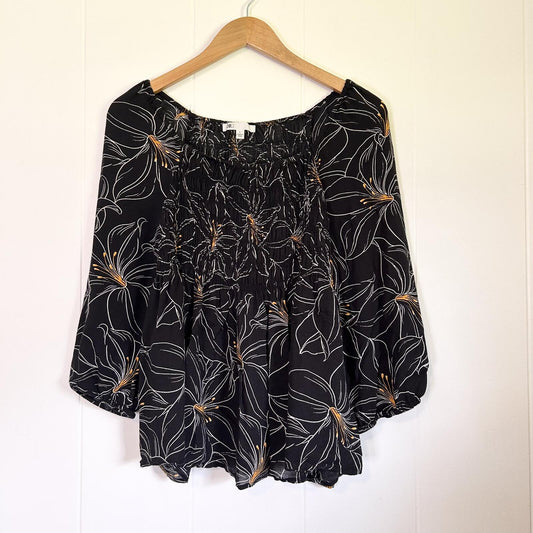DR2 Black Floral Lily Smocked Long Sleeve Blouse Top - Women's Large