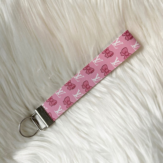 Girly Kawaii Pink Bow Logo Faux Leather Fashion Key Fob Keychains Wristlet