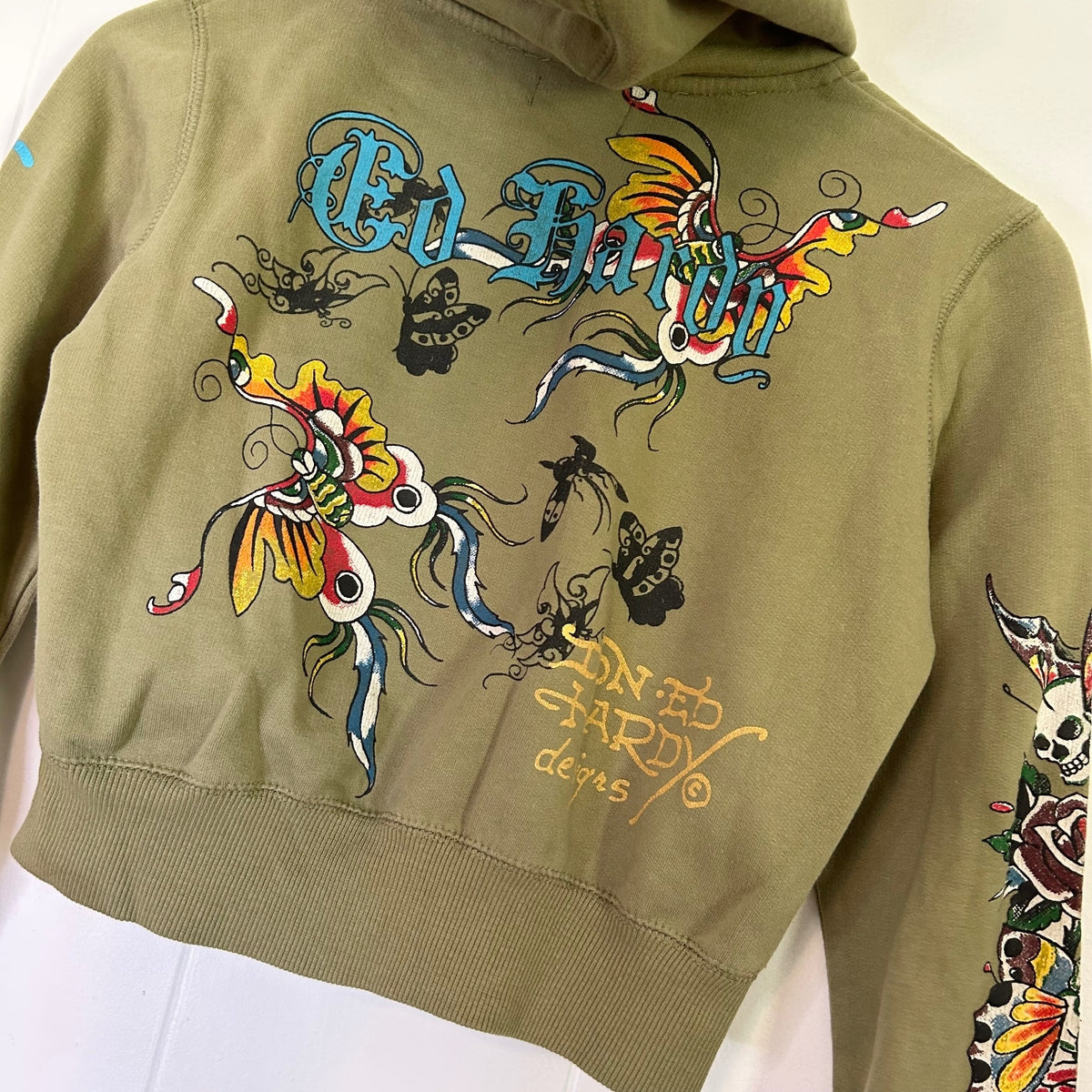 Ed Hardy Olive Green Floral Tattoo Zip Up Hooded Cropped Jacket - Women's Medium