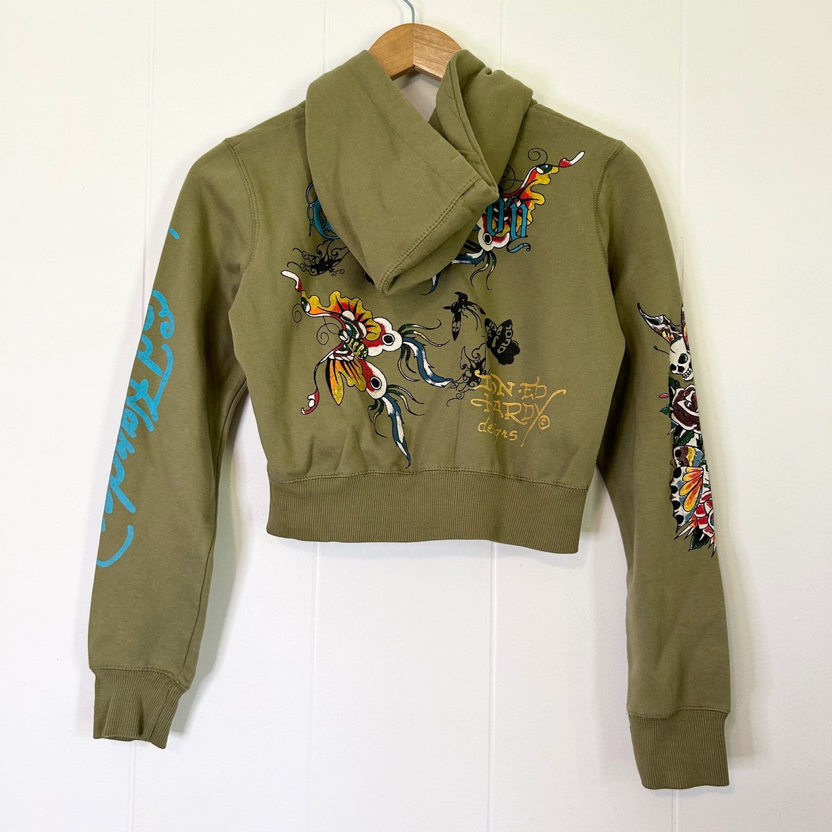 Ed Hardy Olive Green Floral Tattoo Zip Up Hooded Cropped Jacket - Women's Medium