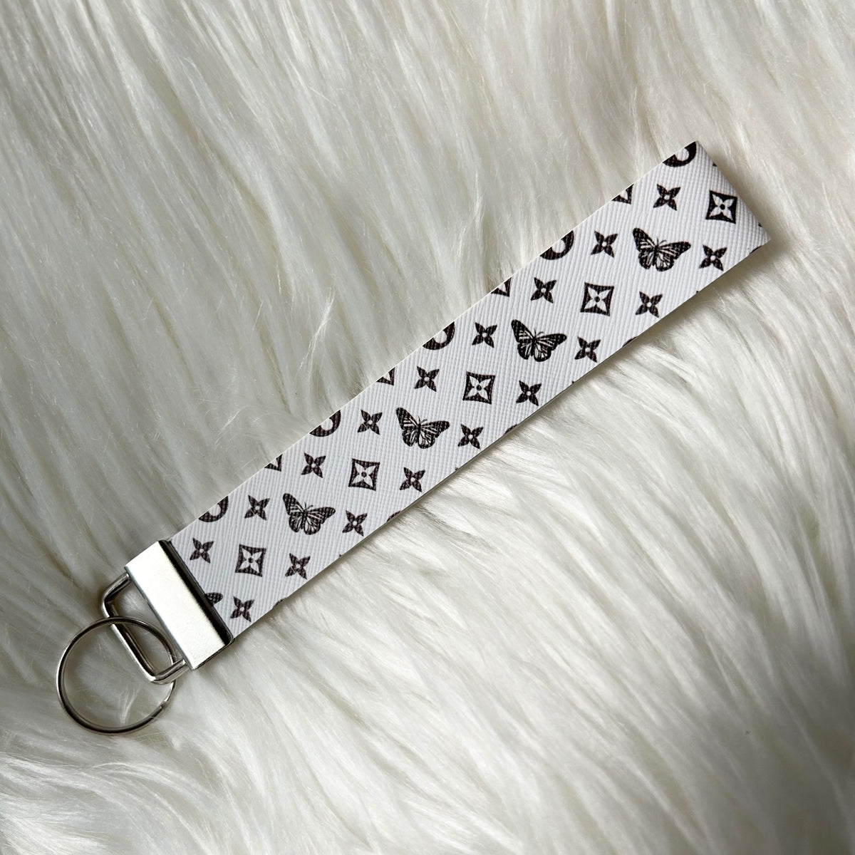 White Black Butterfly Faux Leather Fashion Key Fob Keychains Wristlet