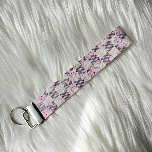 Cherry Blossom Checkered Grid Faux Leather Fashion Key Fob Keychains Wristlet