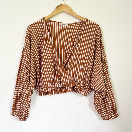 Audrey 3+1 Fall Autumn Striped Deep V-Neck Long Sleeve Blouse Top - Women's Medium