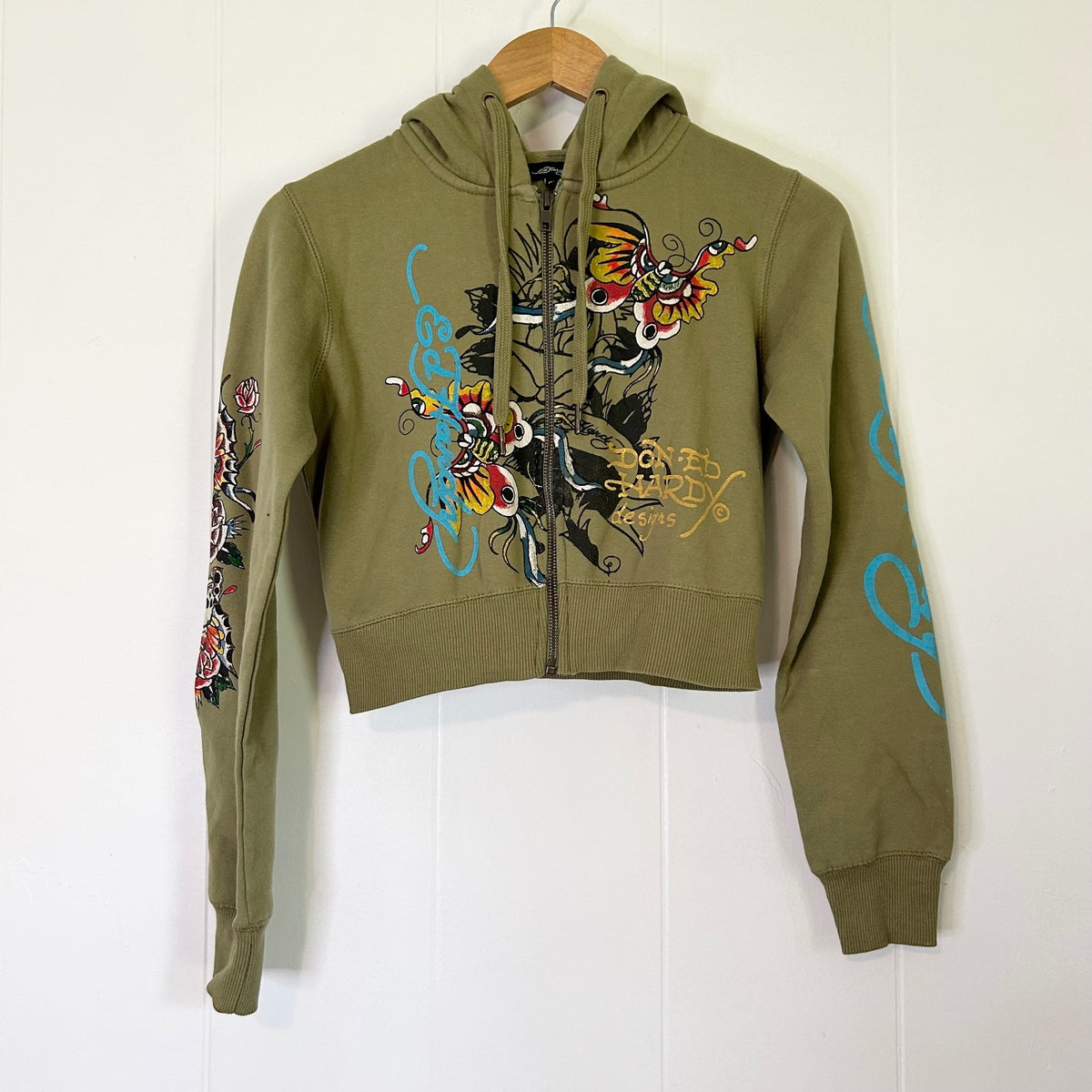 Ed Hardy Olive Green Floral Tattoo Zip Up Hooded Cropped Jacket - Women's Medium