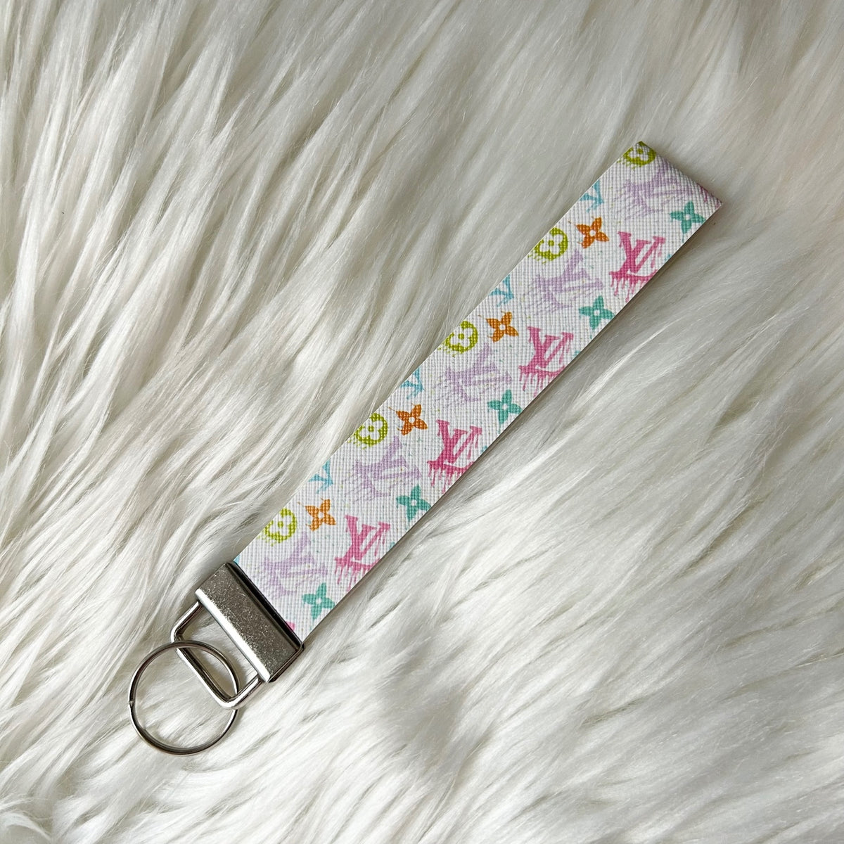 Pastel Floral Dripping Faux Leather Fashion Key Fob Keychains Wristlet