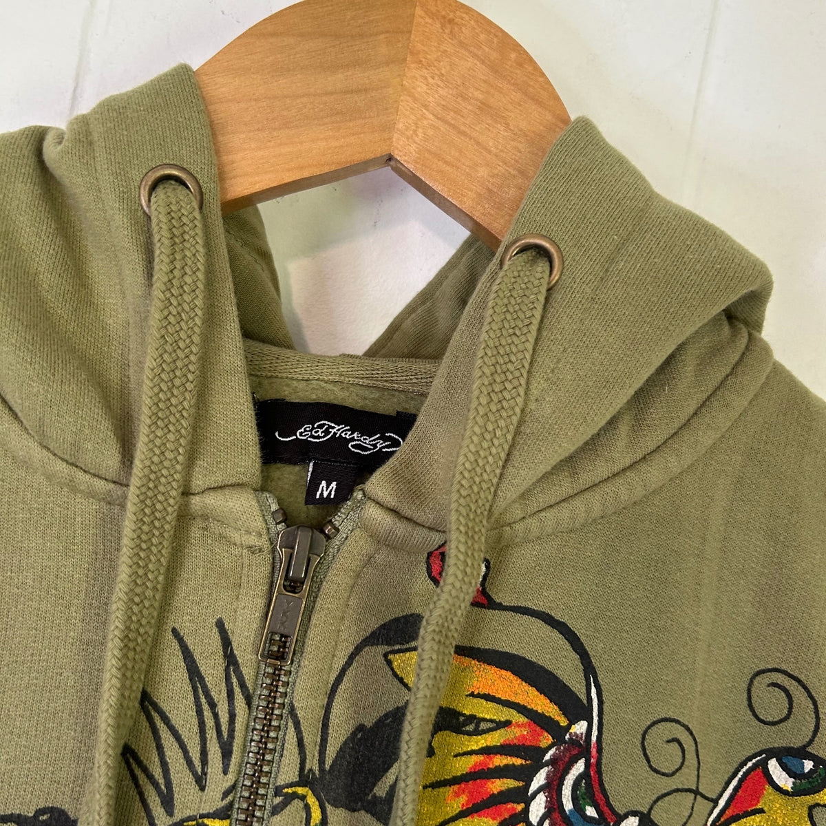 Ed Hardy Olive Green Floral Tattoo Zip Up Hooded Cropped Jacket - Women's Medium