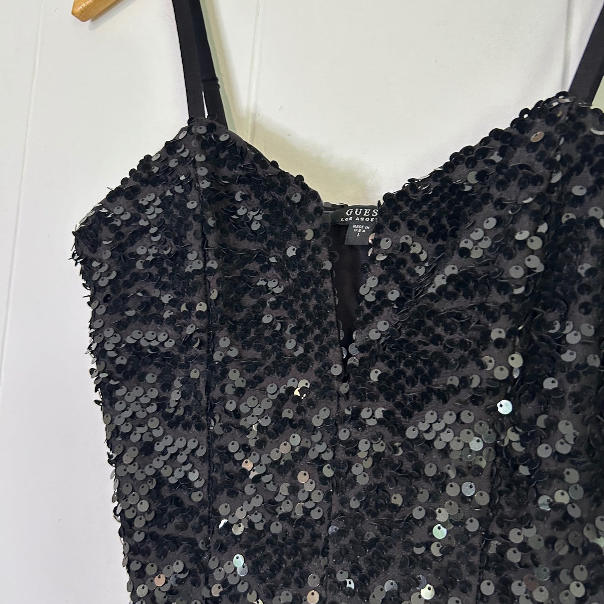 Guess Black Sequins V-Cut Sexy Sparkle Shimmer Spaghetti Strap Top - Women's Large
