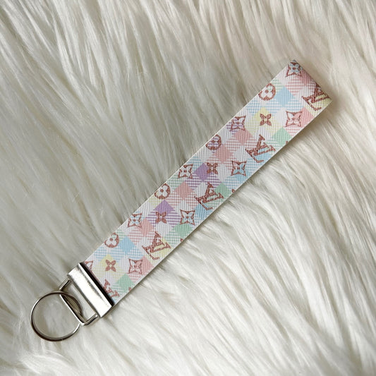 Plaid Logo Pastel Faux Leather Fashion Key Fob Keychains Wristlet