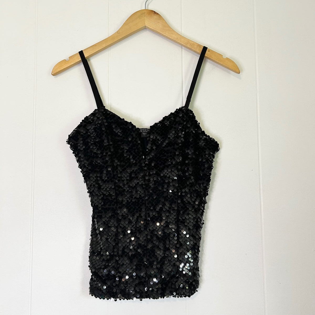 Guess Black Sequins V-Cut Sexy Sparkle Shimmer Spaghetti Strap Top - Women's Large